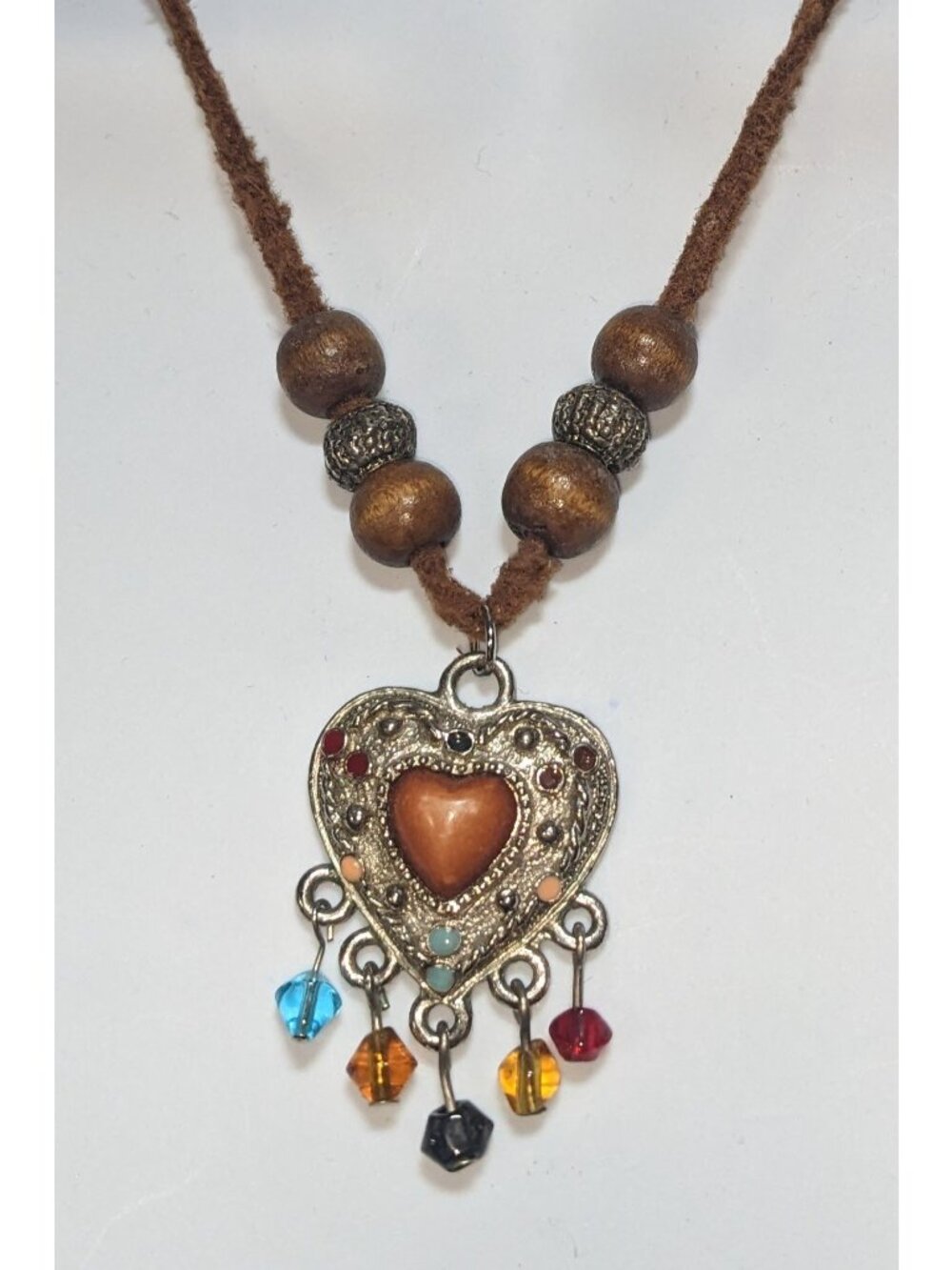 Southwestern Heart Pendant Necklace Beaded Fringe Brown Silver Boho